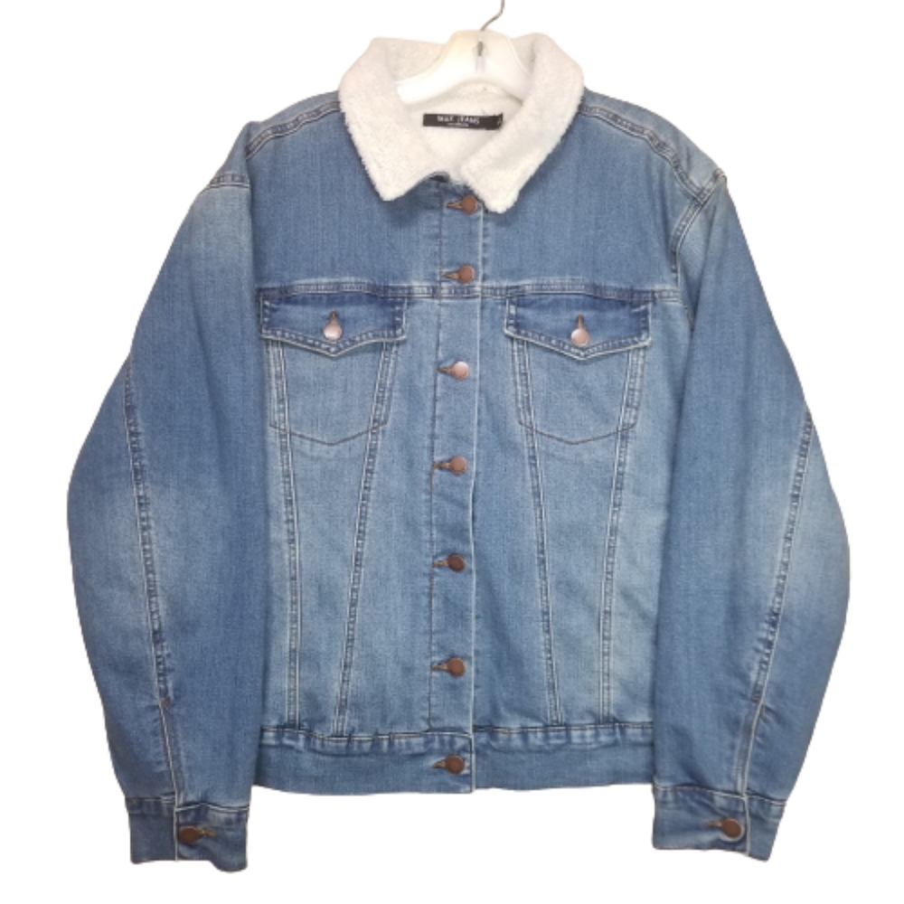 Sherpa Lined Max Jeans‎ Blue Denim Jean Trucker Jacket Size L Cotton Poly Blend